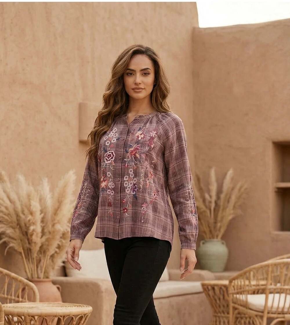 JOHNNY WAS Curacao Raglan Poet Shirt Plaid Fall 2023 W15223-8 Brown Large